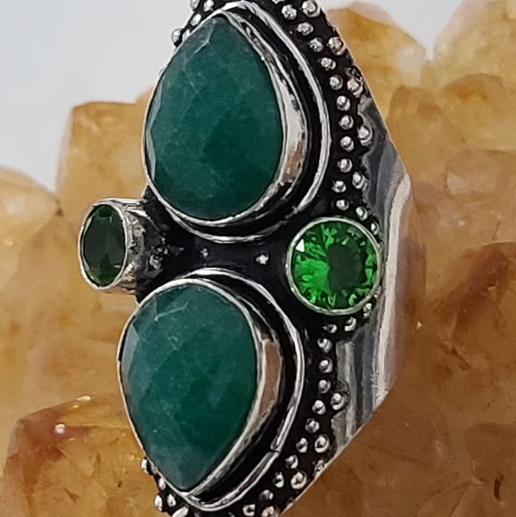 🌺 *Vintage Raw Emerald Trinity Silver Ring - Picture 3 of 4